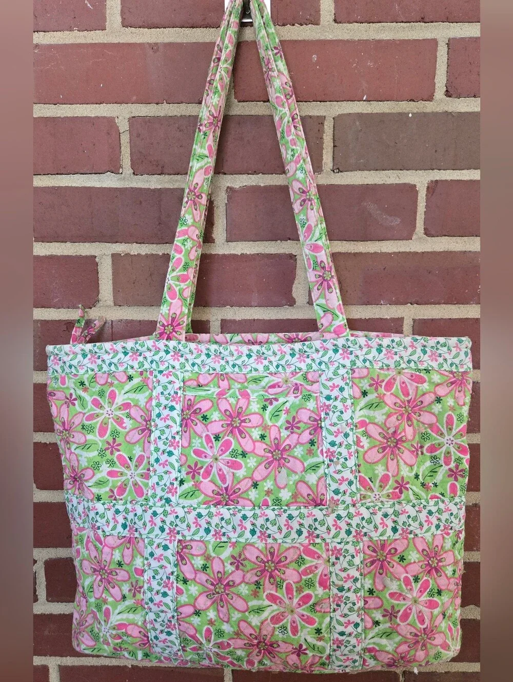Vintage Pink Green Floral Quilted Tote Bag Cottagecore Preppy Y2K Shoulder Bag